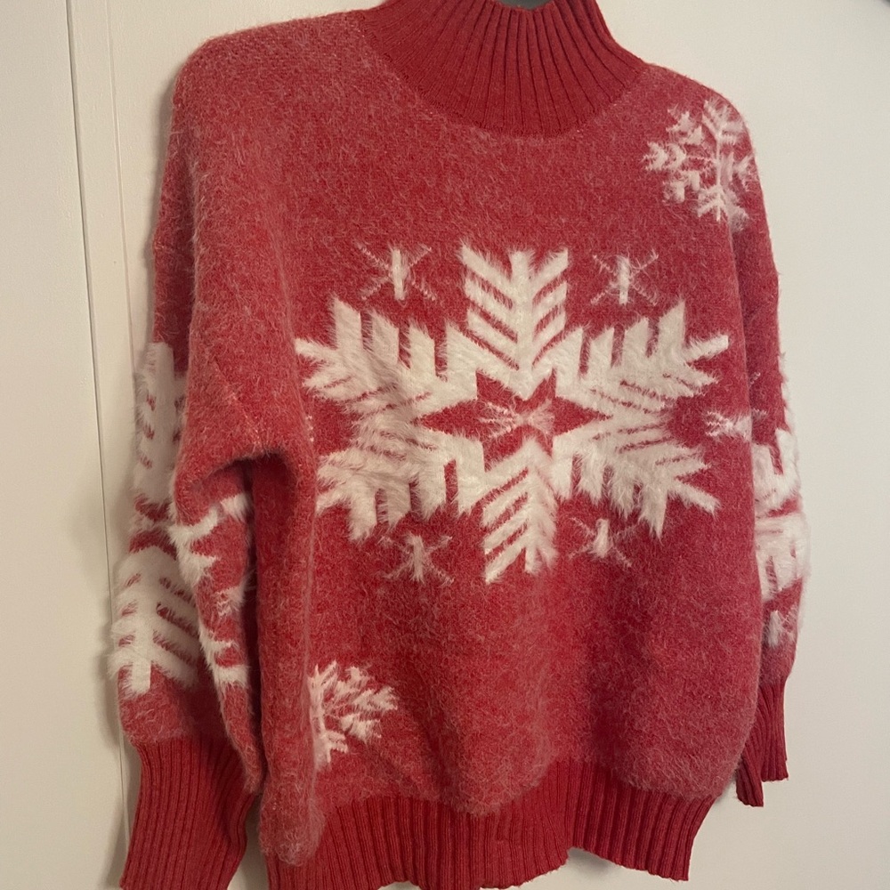 Cabincore Winter Red Snowflake Turtleneck Sweater Soft Cozy Size S/M Oversized - Picture 4 of 8